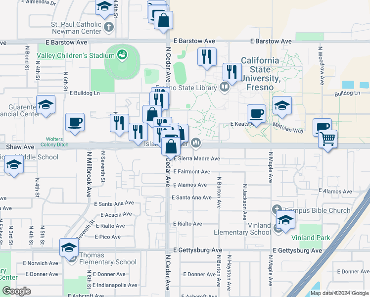 map of restaurants, bars, coffee shops, grocery stores, and more near 2067 Shaw Avenue in Fresno