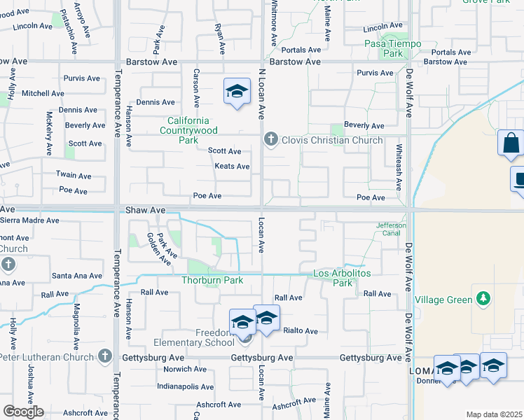 map of restaurants, bars, coffee shops, grocery stores, and more near E Shaw Ave & Locan Ave in Clovis
