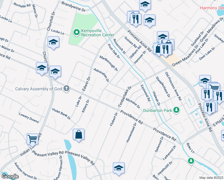 map of restaurants, bars, coffee shops, grocery stores, and more near 4832 Michaux Drive in Virginia Beach
