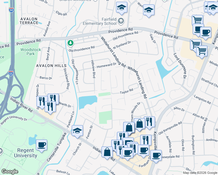 map of restaurants, bars, coffee shops, grocery stores, and more near 1120 Taylor Road in Virginia Beach