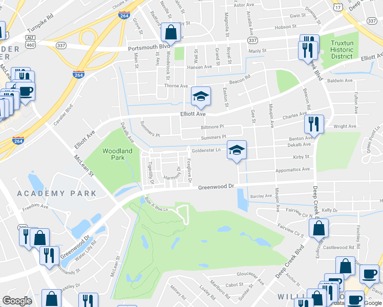 map of restaurants, bars, coffee shops, grocery stores, and more near 291 Goldenstar Lane in Portsmouth