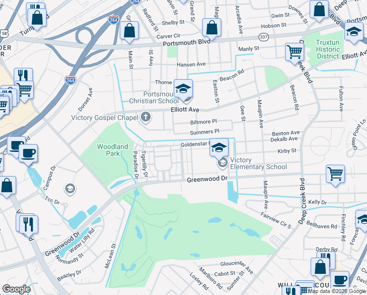 map of restaurants, bars, coffee shops, grocery stores, and more near 291 Goldenstar Lane in Portsmouth