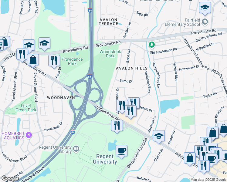map of restaurants, bars, coffee shops, grocery stores, and more near 944 Aspen Drive in Virginia Beach
