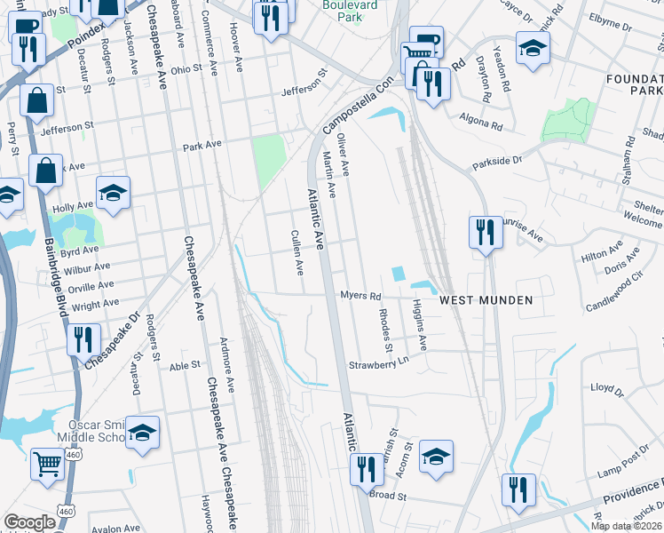 map of restaurants, bars, coffee shops, grocery stores, and more near 1525 Atlantic Avenue in Chesapeake