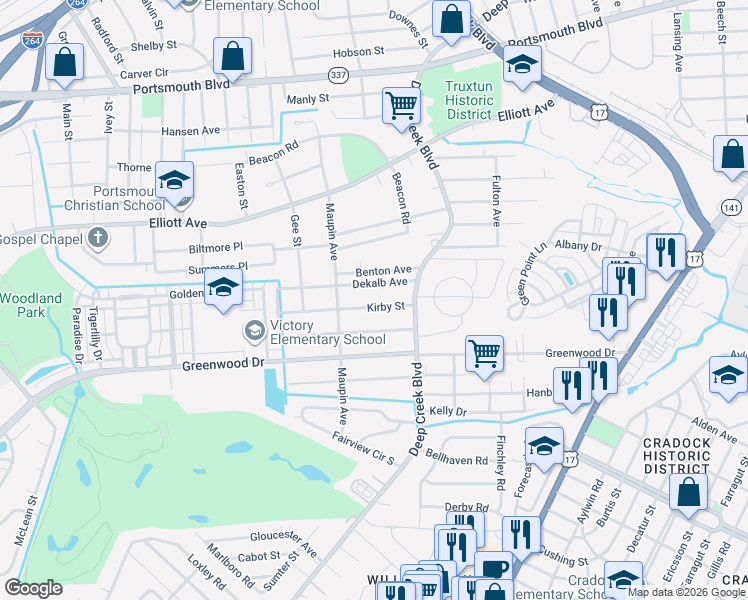 map of restaurants, bars, coffee shops, grocery stores, and more near 14 Kirby Street in Portsmouth