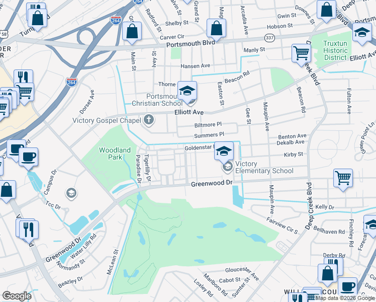 map of restaurants, bars, coffee shops, grocery stores, and more near 291 Goldenstar Lane in Portsmouth