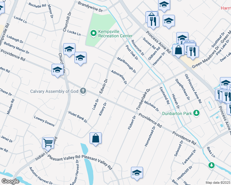 map of restaurants, bars, coffee shops, grocery stores, and more near 4849 Ashmeade Court in Virginia Beach