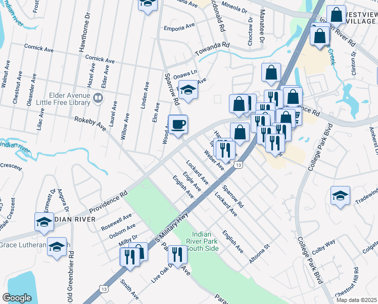 map of restaurants, bars, coffee shops, grocery stores, and more near 1715 Sparrow Road in Chesapeake