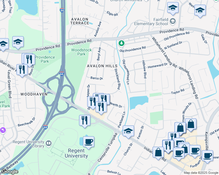 map of restaurants, bars, coffee shops, grocery stores, and more near 5650 Chestnut Court in Virginia Beach