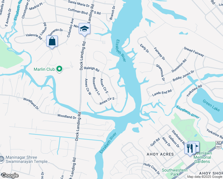 map of restaurants, bars, coffee shops, grocery stores, and more near 4260 Raleigh Road in Chesapeake