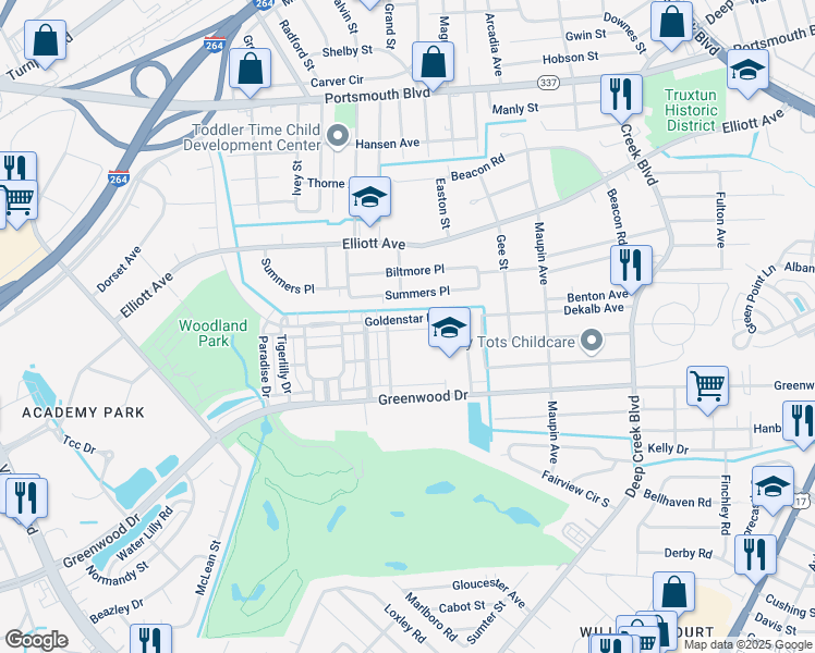map of restaurants, bars, coffee shops, grocery stores, and more near 249 Goldenstar Lane in Portsmouth