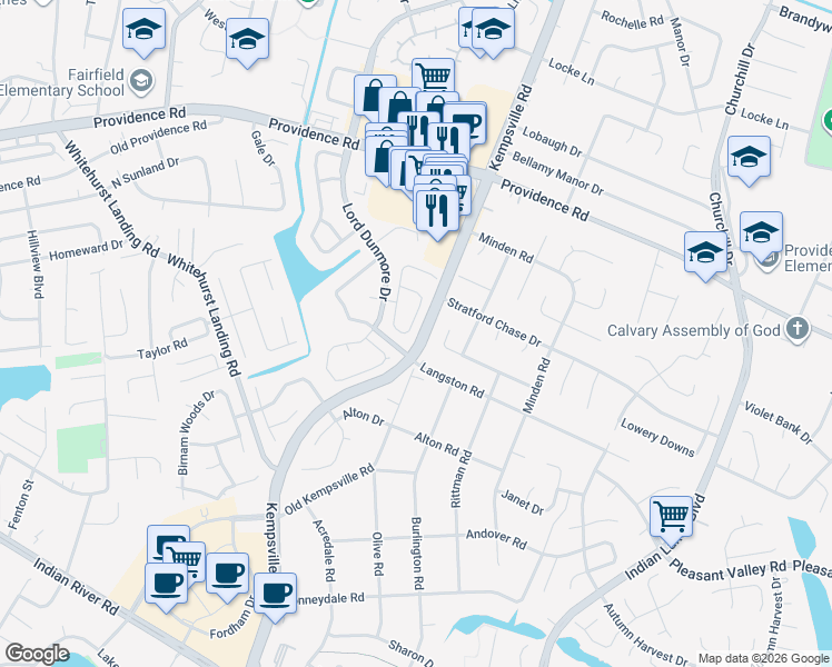 map of restaurants, bars, coffee shops, grocery stores, and more near 5460 Glenville Circle in Virginia Beach