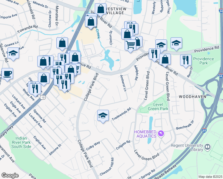 map of restaurants, bars, coffee shops, grocery stores, and more near 1001 Bennington Circle in Virginia Beach