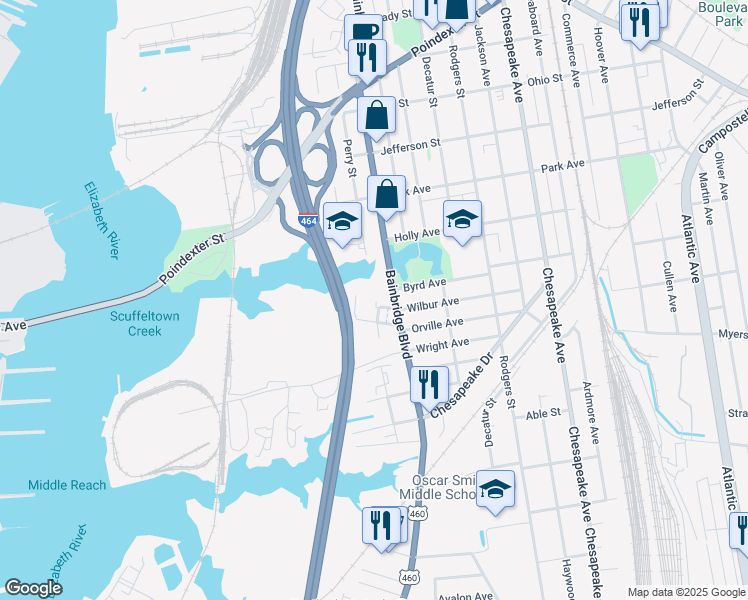 map of restaurants, bars, coffee shops, grocery stores, and more near 1700 Monticello Street in Chesapeake