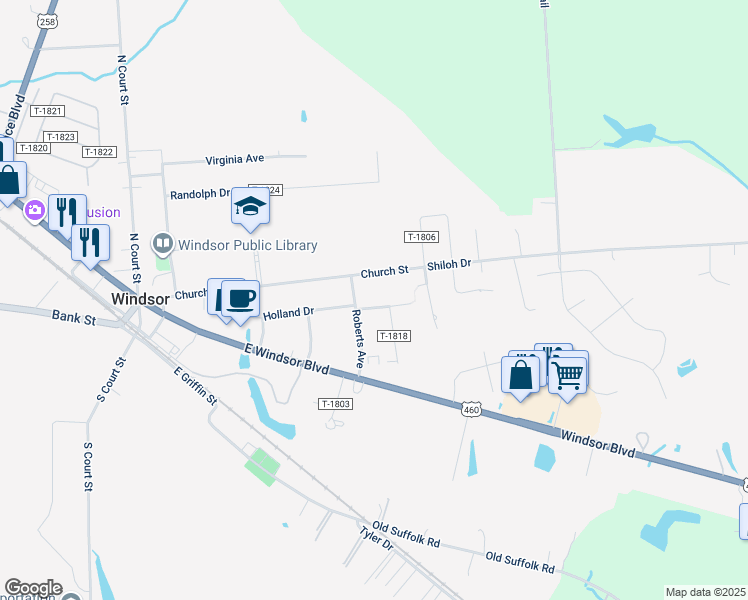 map of restaurants, bars, coffee shops, grocery stores, and more near 38 Holland Lane in Windsor