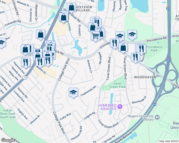 map of restaurants, bars, coffee shops, grocery stores, and more near 929 Amherst Lane in Virginia Beach