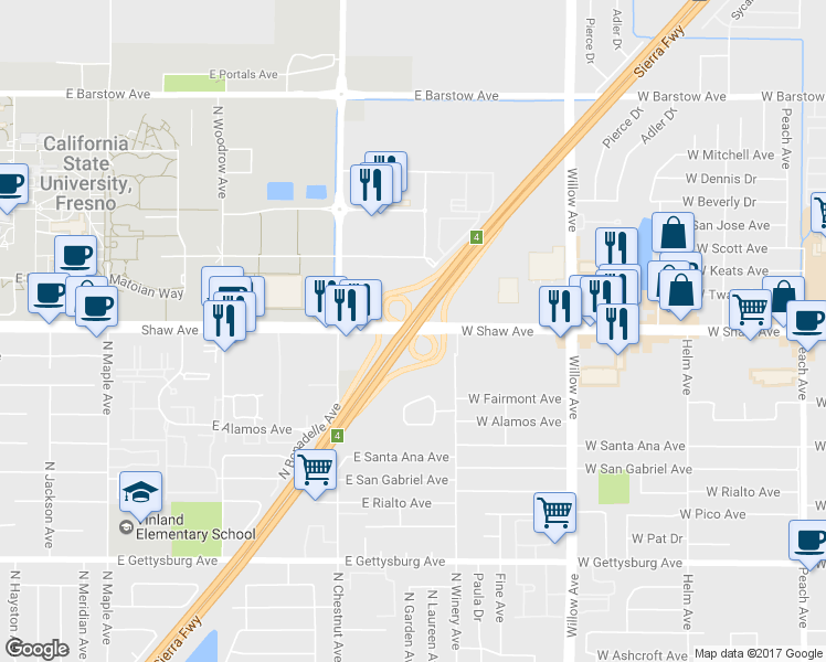 map of restaurants, bars, coffee shops, grocery stores, and more near 3065 East Shaw Avenue in Fresno