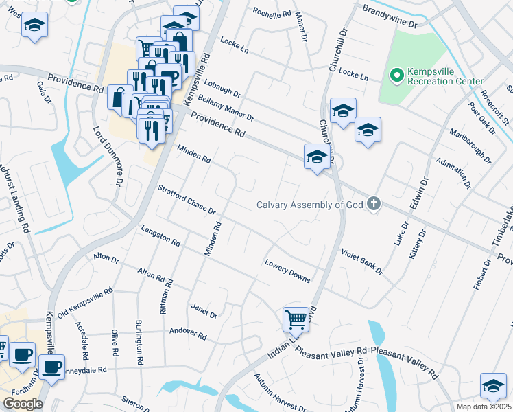 map of restaurants, bars, coffee shops, grocery stores, and more near 5004 Meadow Pines Place in Virginia Beach