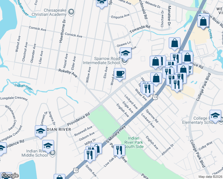 map of restaurants, bars, coffee shops, grocery stores, and more near 1620 Wood Avenue in Chesapeake