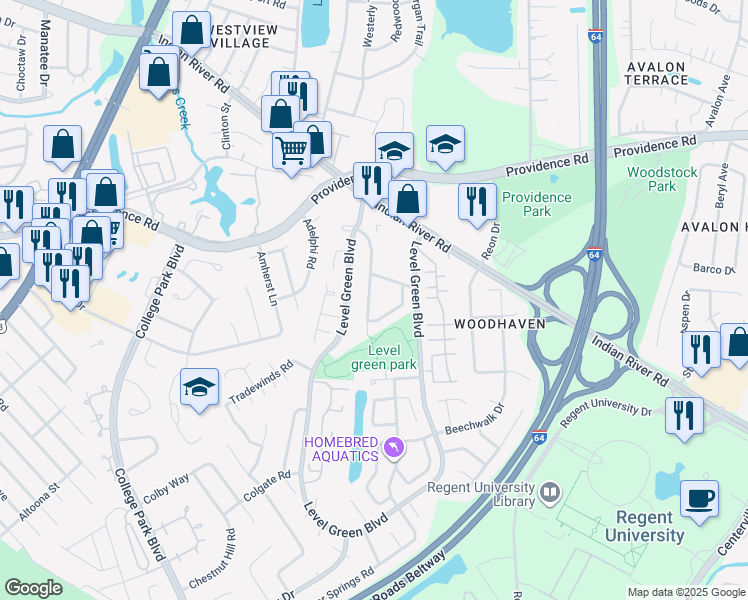 map of restaurants, bars, coffee shops, grocery stores, and more near 1058 Commonwealth Place in Virginia Beach