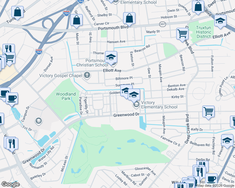 map of restaurants, bars, coffee shops, grocery stores, and more near 249 Goldenstar Lane in Portsmouth