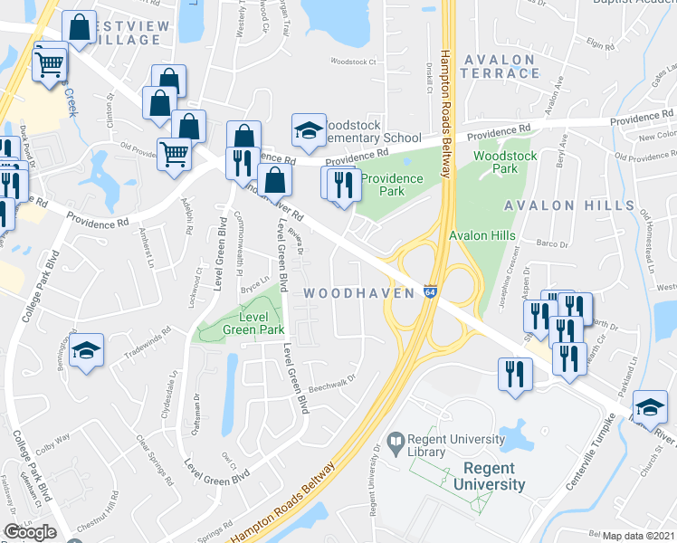 map of restaurants, bars, coffee shops, grocery stores, and more near 1020 Reon Drive in Virginia Beach