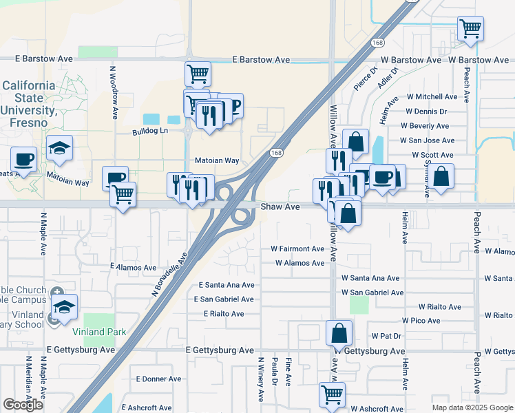 map of restaurants, bars, coffee shops, grocery stores, and more near 1530 West Shaw Avenue in Clovis