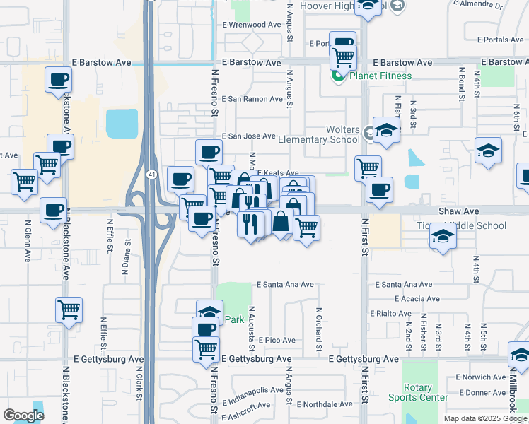 map of restaurants, bars, coffee shops, grocery stores, and more near 531 East Shaw Avenue in Fresno