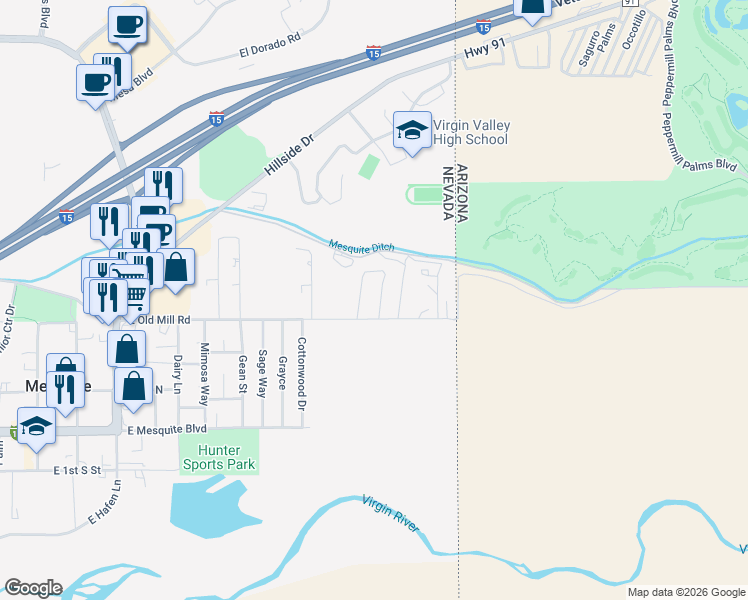 map of restaurants, bars, coffee shops, grocery stores, and more near 322 Francy Lane in Mesquite