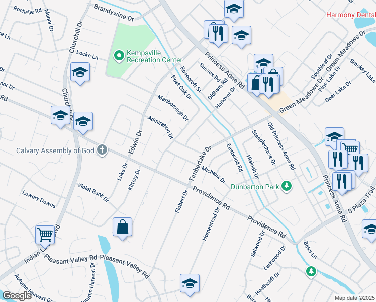 map of restaurants, bars, coffee shops, grocery stores, and more near 4825 Admiration Drive in Virginia Beach