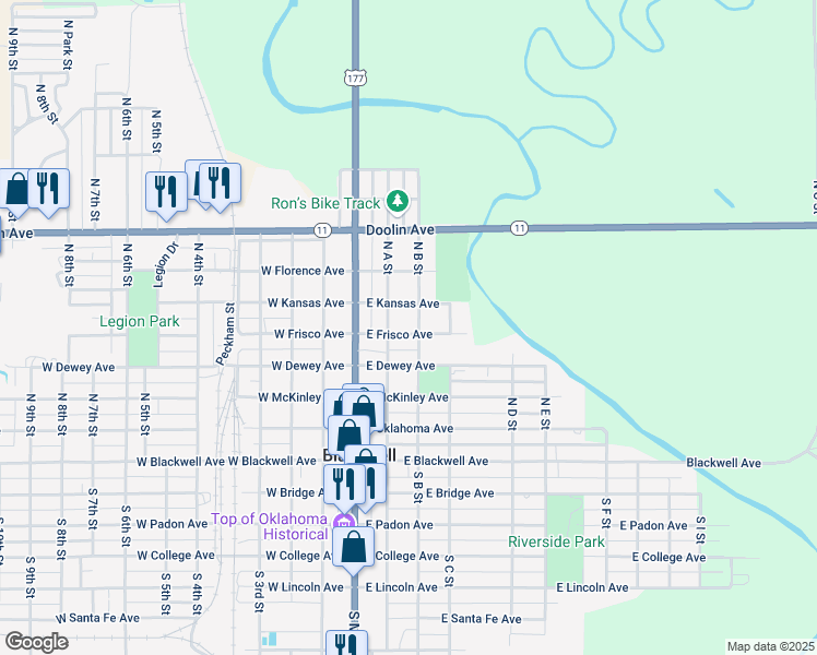 map of restaurants, bars, coffee shops, grocery stores, and more near 212 East Frisco Avenue in Blackwell