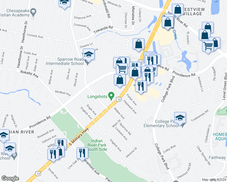 map of restaurants, bars, coffee shops, grocery stores, and more near 1810 Speedy Avenue in Chesapeake