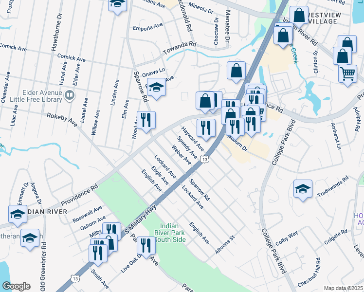 map of restaurants, bars, coffee shops, grocery stores, and more near 1741 Speedy Avenue in Chesapeake