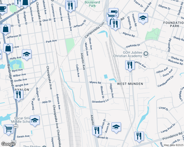 map of restaurants, bars, coffee shops, grocery stores, and more near 1821 Martin Ave in Chesapeake
