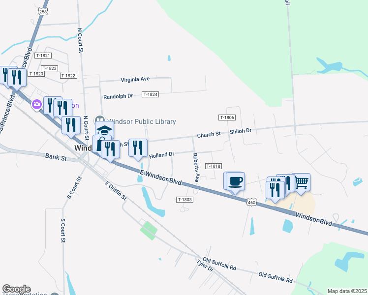 map of restaurants, bars, coffee shops, grocery stores, and more near 28 Holland Drive in Windsor