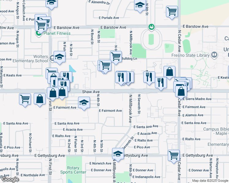 map of restaurants, bars, coffee shops, grocery stores, and more near Shaw Ave & N 6th St in Fresno