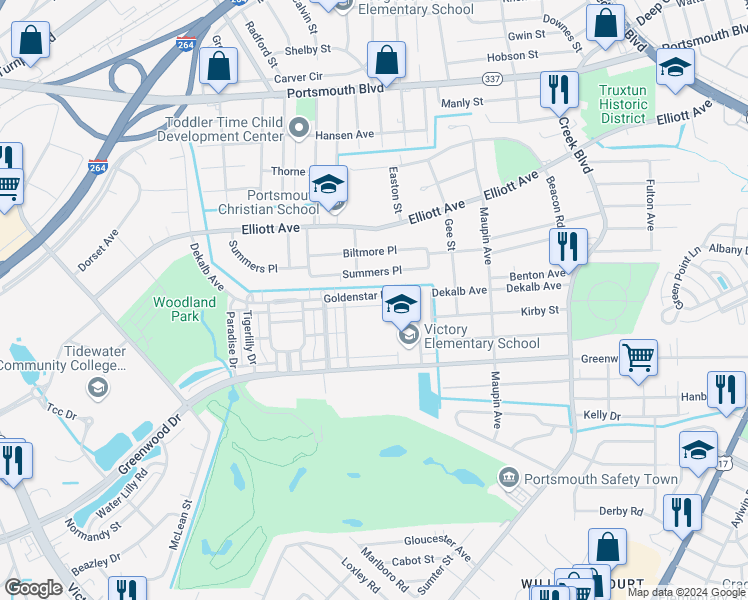 map of restaurants, bars, coffee shops, grocery stores, and more near 237 Goldenstar Lane in Portsmouth
