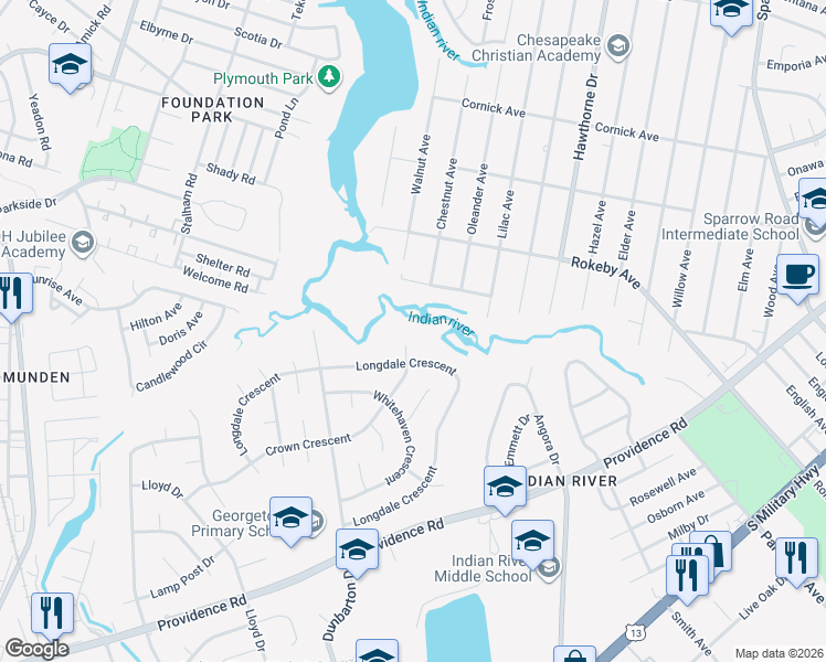 map of restaurants, bars, coffee shops, grocery stores, and more near 557 Crown Crescent in Chesapeake