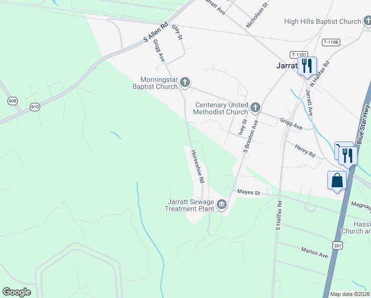 map of restaurants, bars, coffee shops, grocery stores, and more near 201-699 Horseshoe Road in Jarratt