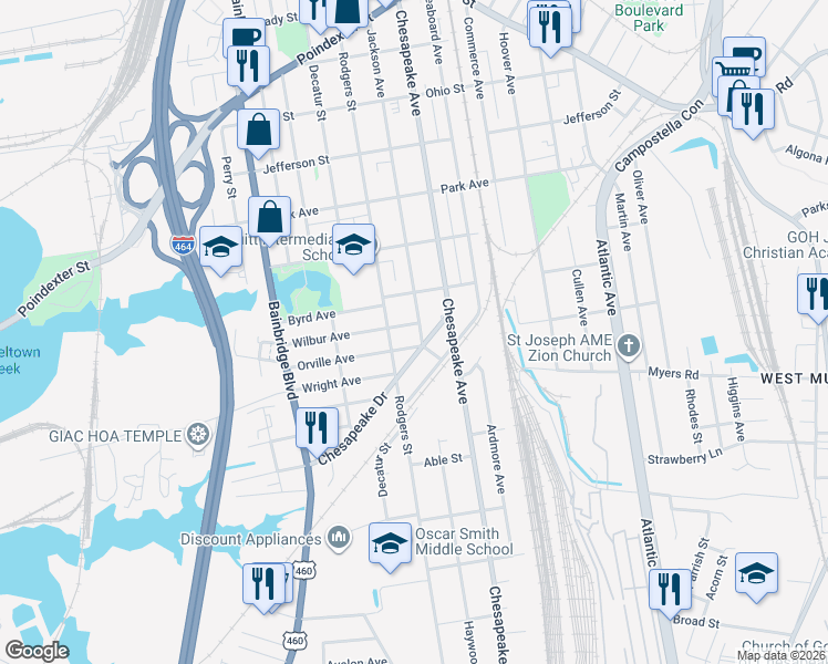 map of restaurants, bars, coffee shops, grocery stores, and more near 1700 Jackson Avenue in Chesapeake