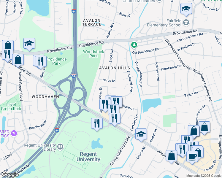 map of restaurants, bars, coffee shops, grocery stores, and more near 920 Aspen Drive in Virginia Beach