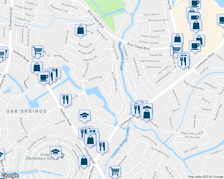 map of restaurants, bars, coffee shops, grocery stores, and more near 913 Dixie Drive in Virginia Beach