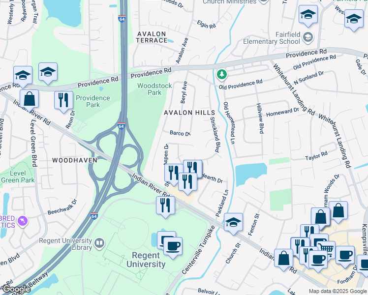 map of restaurants, bars, coffee shops, grocery stores, and more near 920 Aspen Drive in Virginia Beach