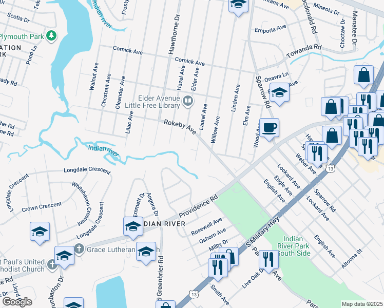 map of restaurants, bars, coffee shops, grocery stores, and more near 1639 Laurel Avenue in Chesapeake