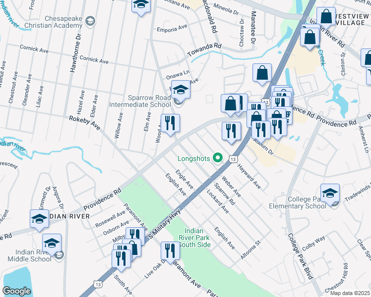map of restaurants, bars, coffee shops, grocery stores, and more near 1716 Sparrow Road in Chesapeake