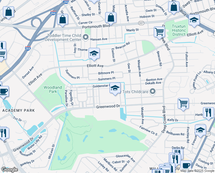 map of restaurants, bars, coffee shops, grocery stores, and more near 237 Goldenstar Lane in Portsmouth