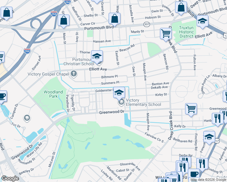 map of restaurants, bars, coffee shops, grocery stores, and more near 213 Goldin Drive in Portsmouth