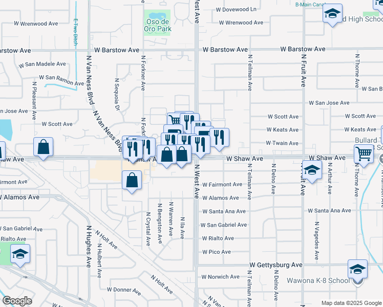map of restaurants, bars, coffee shops, grocery stores, and more near 2040 West Shaw Avenue in Fresno