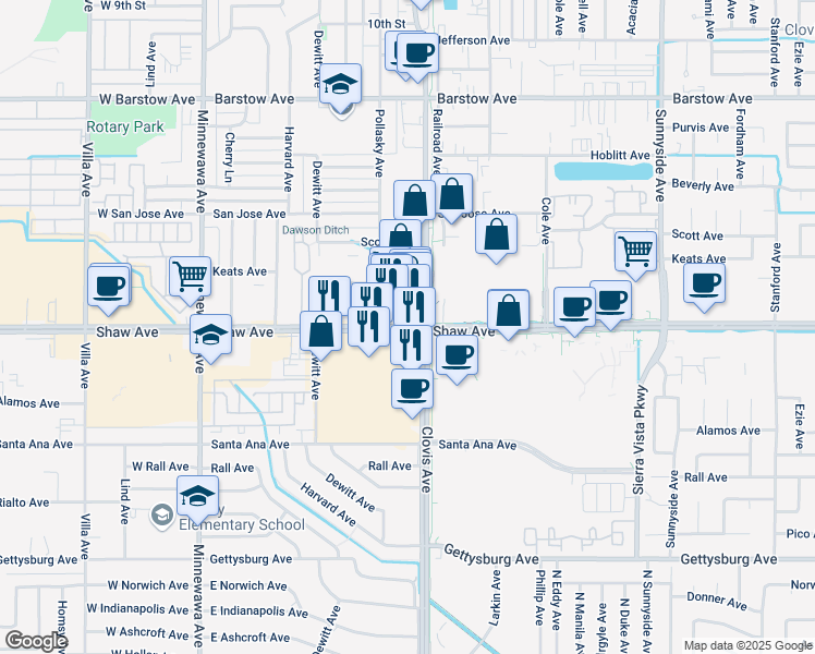 map of restaurants, bars, coffee shops, grocery stores, and more near in Clovis