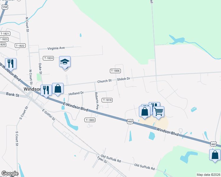 map of restaurants, bars, coffee shops, grocery stores, and more near 46 State Route T-1817 in Windsor